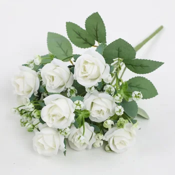 10 Глави изкуствени копринени цветя, Роза Малък Букетик Евкалипт за сватбената сцена обзавеждане на дома Букетик Начало декор на цветя