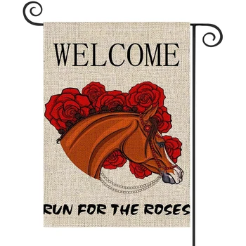 1БР Run For The Roses Модел Лен Памук Градински Флаг Банер Закрит и Открит Домашна Градина Окачен Декор