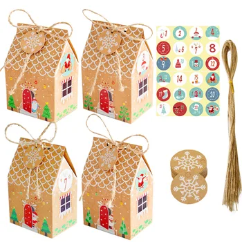 24шт Коледни Кутии за шоколадови бонбони във формата на Къща Подарък кутия от Крафт-хартия за партита САМ картонени Кутии за опаковане на бисквити и бонбони Навидад Новогодишния Интериор