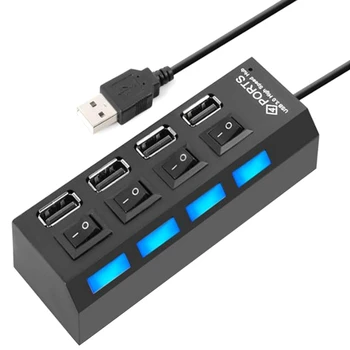 4-портов USB хъб-сплитер USB 2.0 hub на LED с 4 изходи за включване / изключване за таблет, преносим компютър, лаптоп