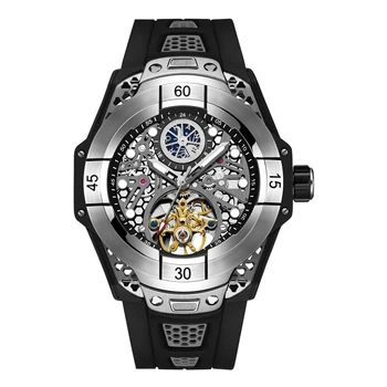 HANBORO Мъжки луксозни часовника 42 мм Автоматични механични ръчни часовници Sport на 50 м Водоустойчив светещи циферблат във формата на скелет каишка от Каучук