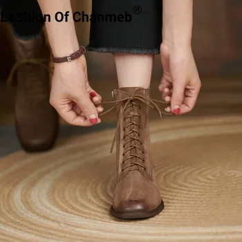 LeShion Of Chanmeb/ Дамски Обувки От естествена кожа На среден ток, Обувки с цип С появата на шнур, Дамски Зимни Черен Обувки в стил Ретро С квадратни пръсти, 42