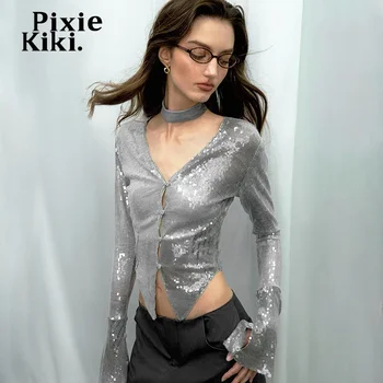 PixieKiki Момиче Y2k, Скъсяване на Върховете на 2000-те, Сексуална Ризи с копчета с пайети за Нея, Дълбоко V-образно деколте, Разкроена Тениски с дълъг ръкав, P85-FZ26