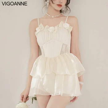 VigoAnne, Однотонное рокля на бретелях, бански костюми за жени 2023, секси цял бански с ефект повдигащ, Корейски Монокини, бански с отворен гръб,