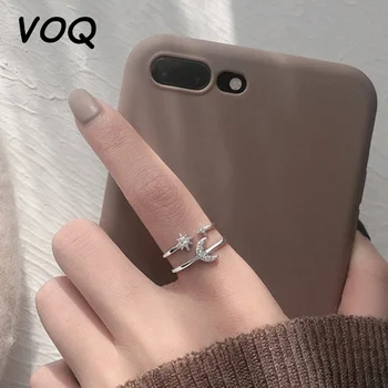 VOQ Сребърен Сладко Двухслойное пръстен със Звезда и Луна за жени Годежен пръстен на пръста на Сватбени бижута на Едро