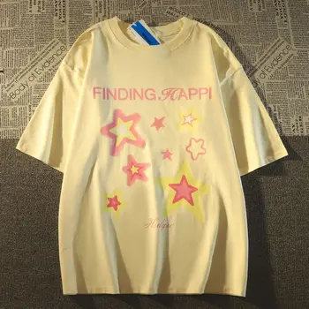 Американски тенденция, дамски тениски с графичен принтом ретро звезди, летни ежедневните свободни тениски Harajuku, върхове Y2K с къси ръкави, ризи