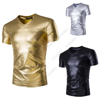 Блестяща Златна Метална Тениска С V-образно деколте, Мъжка Риза в стил Хип-Хоп, Пънк, Мъжки t-shirt DJ За нощен клуб, Homme Slim Fit, Тениска с къс ръкав