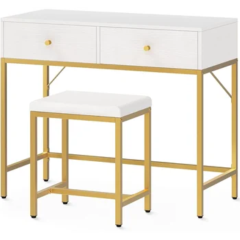 Бяло-златна бюро SUPERJARE 35,4 инча с 2 чекмеджета, модерен тоалетка за грим с мек стол,