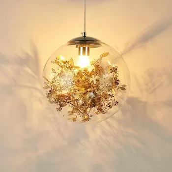 Висящи лампи в скандинавски стил от стъклен балон, метални цветя, модерни дизайнерски сребърни лампи, Хол, Трапезария, Спалня, Баня, антре, светлина