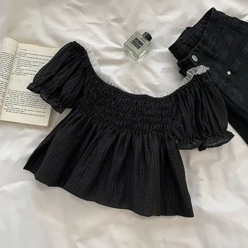 Дамска черна тениска 2023, шикозни и секси тениска с лодка деколте и къс ръкав, нови модни блузи за горещи момичета.