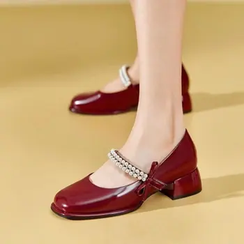 Дамски кожени обувки в стил ретро, ранна пролет, расшитый мъниста лък, обувки на масивна ток, Френска дамски обувки Mary Jane с квадратни пръсти, френски обувки на висок ток