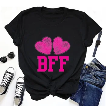 Дамски тениски, летни потници, тениски BFF с красиви розови сърца, тениски с графика Best Friends Forever, дамска мода, градинска облекло Y2k