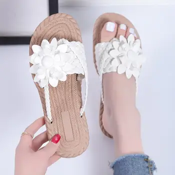 Дишащи улични чехли, чехли за не-хлъзгава подметка, стилни дамски летни пързалки, дишащи плажни чехли с 3D цветя върху плоска подметка