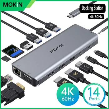 Докинг станция MOKiN 14 В 1 usb hub Двойна 4K 60Hz HDMI, USB 3.0, RJ-45, SD/TF карта, Аудио микрофон, PD 100 Вата за лаптоп, iPad, Macbook Air pro