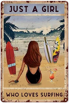 Домашни любимци Летен плаж е Просто момиче, което обича Сърфиране Лидице знак Ретро Шик Художествен Метал плакат Знак за Декорация на Дома Кухня Баня