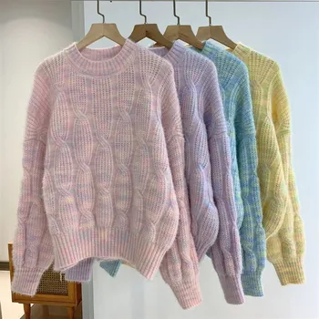 Есен-зима, дамски свободни пуловери, съкратен блузи, модни дамски ежедневни пуловери с дълъг ръкав и кръгло деколте, трикотажни ризи