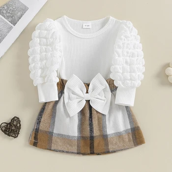 Есенното облекло от 2 теми за малките момичета, трикотажни блузи с дълги буйни ръкави, пола в клетката, комплект детски зимни дрехи