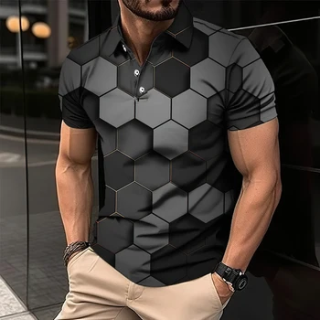 Забавна мъжка риза с къси ръкави с геометричен чертеж и 3D принтом, лесен мъжки топ, ежедневни тениски, широки дрехи оверсайз, риза за голф