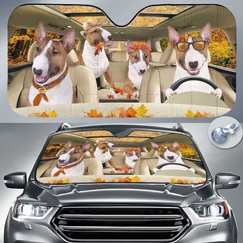 забавно семейство миниатюрни териер зад волана на есенния автомобил със сенника на предното стъкло, здрав сенника за кола