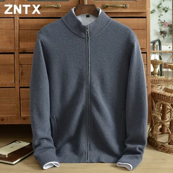 Зимен пуловер от чист кашмир ZNTX, мъжка жилетка, яка-часова, джоб, гъст топло вязаное палто на ивици, однотонное свободно продукт