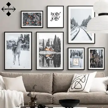 Зимните живописни стенни пана в скандинавски стил, плакати и щампи модерен интериор, натюрморт, пейзаж, монтиране на изкуството, платно, картини за дома