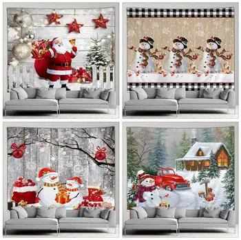 Коледен гоблен в стил хипи, Китайската врата, Зимата заключване, Коледни Елхи, Сладък Снежен човек, Cartoony автомобил, декор за парти, Стенни одеяла