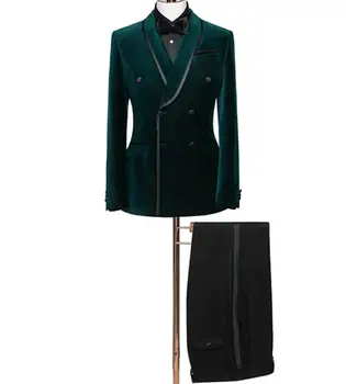 Костюм Homme Velvet Мъжки Костюм от 2 теми Зелено Сако и Черни Панталони Двубортный Тънък Модерен Бизнес Модерен Сватбата Младоженецът