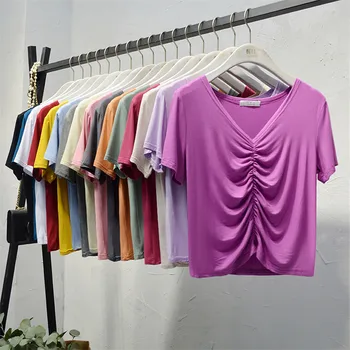 Летни дамски обикновена върховете на високо качество 2023, 11 цвята, памучен еластична базова тениска - ежедневни блузи с къс ръкав в корейски стил
