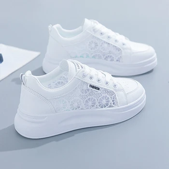 Малки бели обувки Дамски летни Тънки 2023, Нова мода окото обувки, дамски ежедневни спортни обувки с дишаща вкара повърхността на дебела подметка