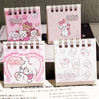 Мини настолен календар с анимационни розов котка в 2024 година, сладък тенис на перекидной календар за училището офис, месечно планиране, Дневен график