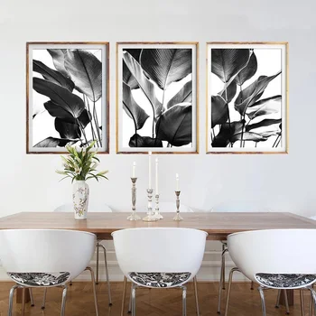 Модулна платно, черно-бели картини, рисувани от Бананови листа, начало декор, графика, плакат с палмови листа, Съвременно стенно изкуство в хола