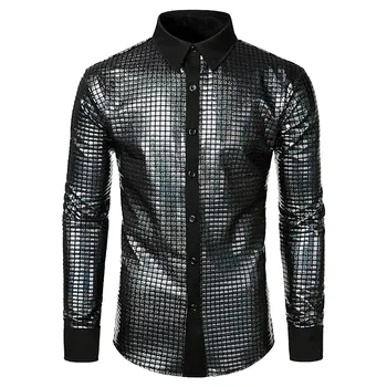 Мъжки дрехи, за да се изяви, Ежедневни риза с пайети, Нова мъжка мода, блестящ на ревера, Винтажное Ретро Изкуство, 3D Дигитален печат
