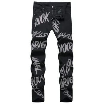 Мъжки дънки Crystal в стил пънк, черни дънкови панталони-участък, градинска дрехи с букви, тънки прави панталони