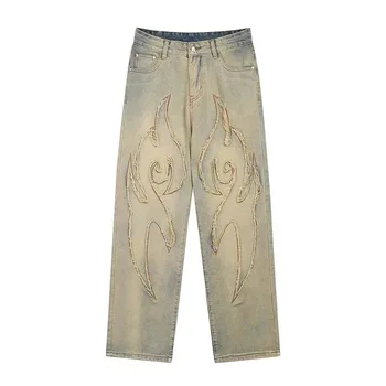 Мъжки дънки в стил хип-хоп Главната улица Оверсайз, с огнена бродерия, модни градинска дрехи, реколта дънкови панталони свободно намаляване на Y2K в ретро стил