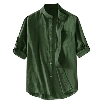 Мъжки летни риза С висока яка, пятиточечная риза със средния ръкав, Хлопчатобумажный бельо безплатно монофонични топ, ежедневни тънка мека блуза