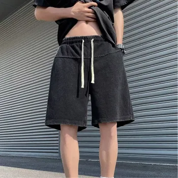 Мъжки летни топене на Y2k, Реколта Черни дънкови шорти, Летни Преки Свободни панталони с завязками Harajuku, Ежедневни градинска облекло