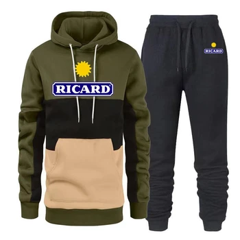 Най-новата мъжка мода RICARD, зимни градинска hoody с качулка и спортен принтом, hoody + панталони, комплекти от 2 теми, мъжки ежедневни ски спортен костюм, дрехи