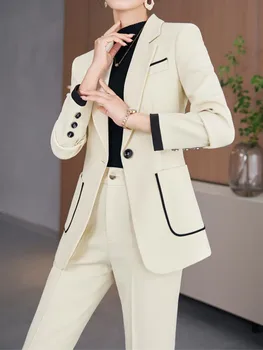 Нов елегантен костюм, сако, комплект с тон, Дамски Шик Корейски модни блейзери, палта, панталони, 2 броя, женски професионална офис облекло