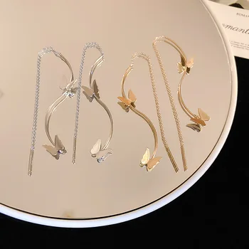 Нова корейска метални извити верига с пеперуда мода, елегантни, семпли обеци, дамски бижута