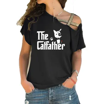 Ново лято, забавна тениска The CatFather, Баща котки, татко, Женска тениска с къс ръкав за момичета, тениски с нередовни наклонена кръстосана превръзка, върхове