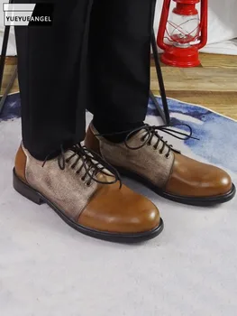 Парусиновая обувки от естествена кожа в стил мозайка, мъжки модельная обувки за бизнес отдих, реколта ръчно изработени обувки дантела с кръгло бомбе, мъжки обувки-cargo
