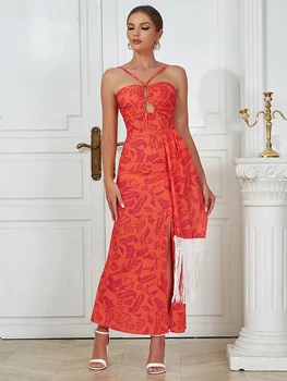 Пикантен портокал Макси рокля с флорални принтом за жени, лятно елегантна рокля без ръкави, с бял пискюл, празнична рокля знаменитост на рожден ден