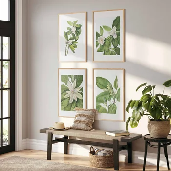 Плакати на скандинавскую тема и щампи, зелени листа, цветя, растения, монтиране на изкуството, платно, живопис, модерна галерия, декорация за дома в хола