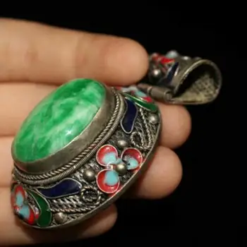 Порцеланов Старинен медальон ръчна изработка Bring Good Lu От тибетския Сребро с емайл с фигури нефритовой окачване в подарък