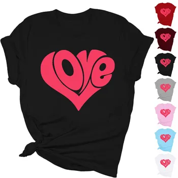 Проста женска тениска с розово сърце, индивидуални ежедневни ризи, модни разнообразни блузи с къс ръкав и кръгло деколте