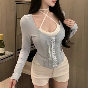 Фалшива секси тънка тениска с дълъг ръкав от дантела от две части, дамски колекция от 2024 г., Пролетни нови Корейски върховете в контрастен цвят в стил мозайка на спагети презрамки