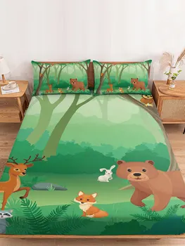 Чаршаф с образа на горите на мечка, на лисица и елен с модел от карикатура, Еластична лента, противоскользящий протектор за матрак за единично легло с двойно легло