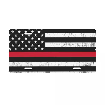 Червената линия Флаг на Пожарникар, на кутията регистрационен номер, Патриотични украса на САЩ, етикет за суета, алуминий метален регистрационен номер, 12x6 инча